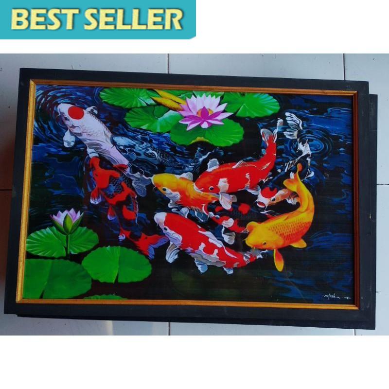 lukisan cetak ikan koi cerah 3D plus bingkai ukuran 65×45