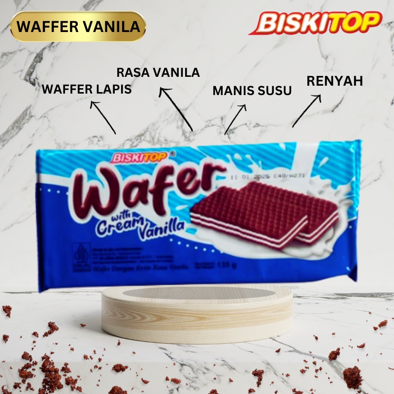 

BISKITOP - WAFFER CREAM VANILA 135g Biskuit Snack Ringan Cemilan Anak Murah Rasa Vanila Vanilla