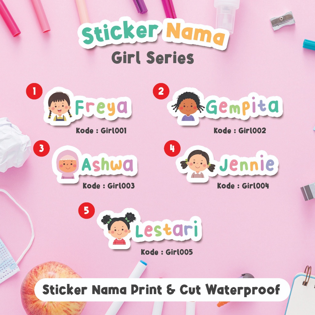 

Stiker Nama Waterproof Cewek Cowok, Label Nama Girl Boy tumbler, kotak pensil, Print and Cut Karakter