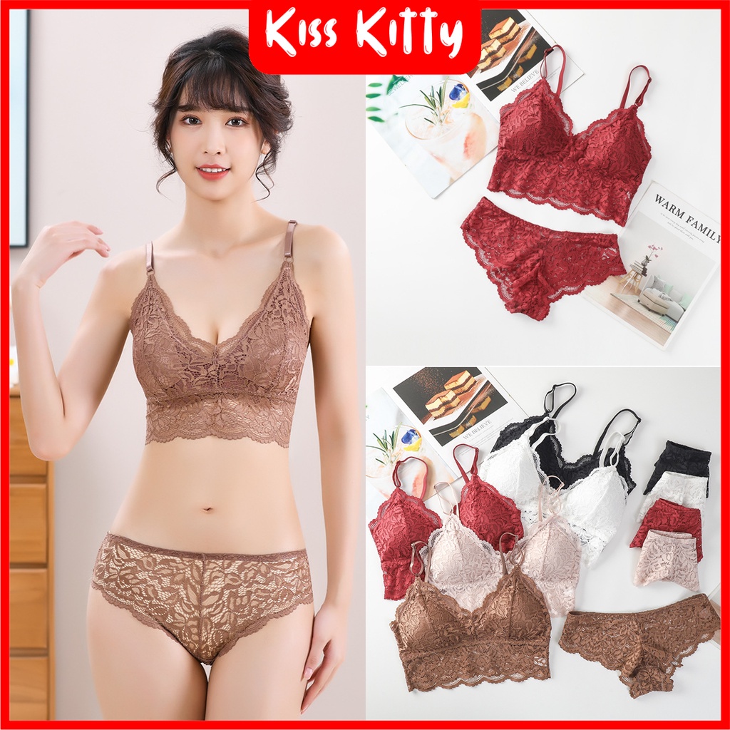 Bra Set Lingerie Set Renda Bra dan Celana Dalam Seksi Transparan Busa BH CD Wanita Baju Dinas Malam