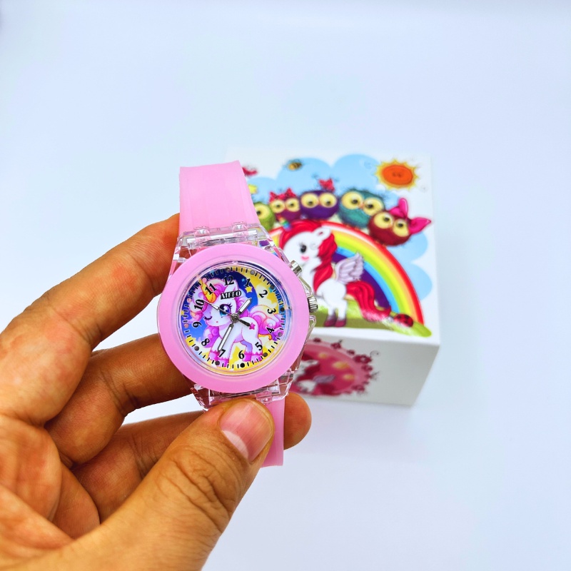 【Set Kado】  jam anak tk perempuan Jam Tangan Anak unicorn Fashion Baru Warna LED Bercahaya Jam Tangan Kartun Gadis Berkilau