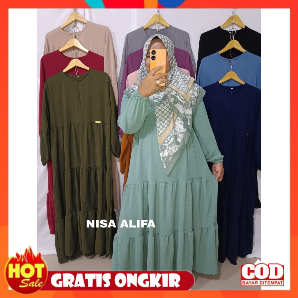 KAIN ADEM HALUS TEBAL / Gamis susun crinkle airflow tali pinggang / gamis canda 3 susun / gamis seru