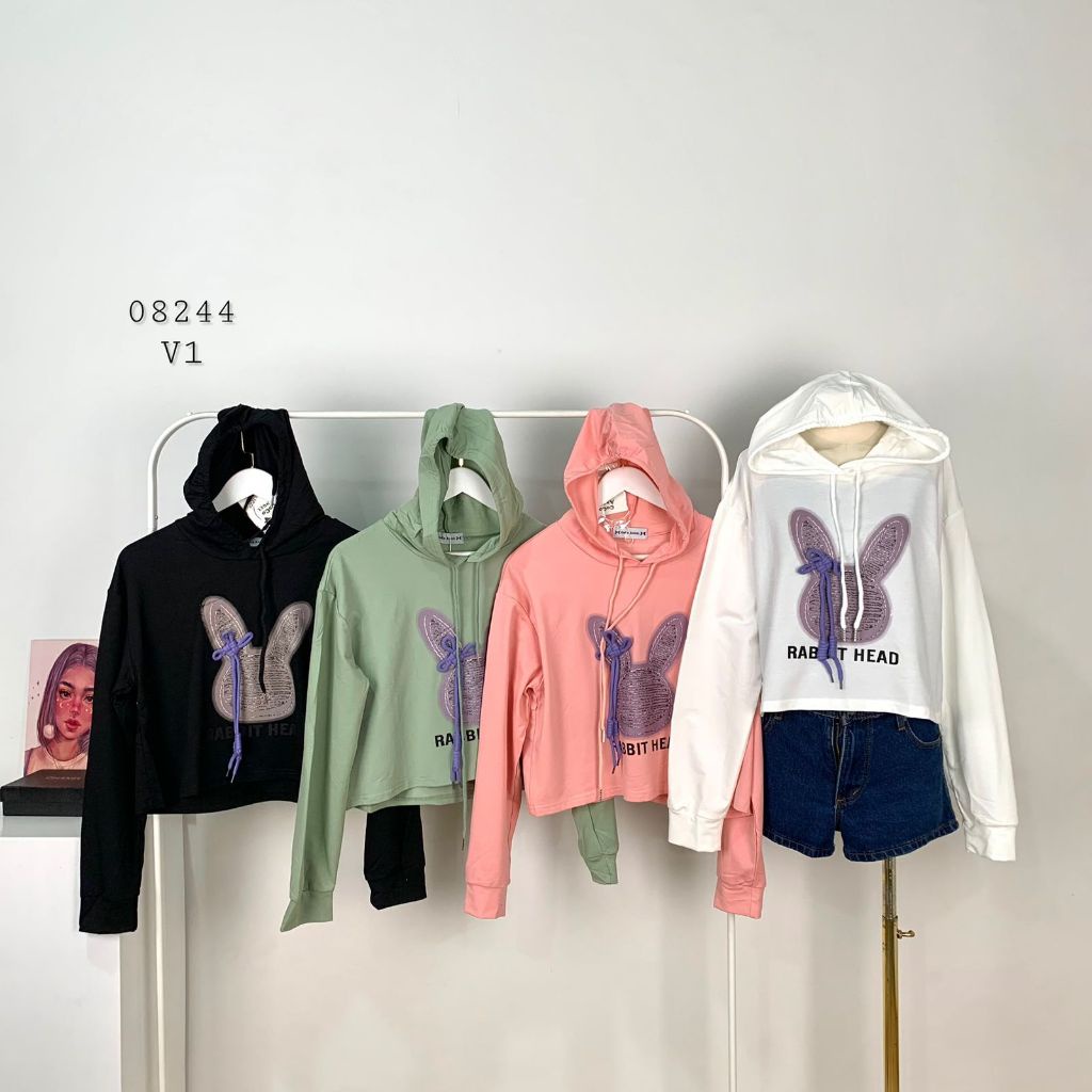 SWEATER HOODIE CROP RABBIT HEAD AND BUNNY FUZZY MOTIF 3D TIMBUL TANGAN PANJANG PREMIUM WANITA ATASAN