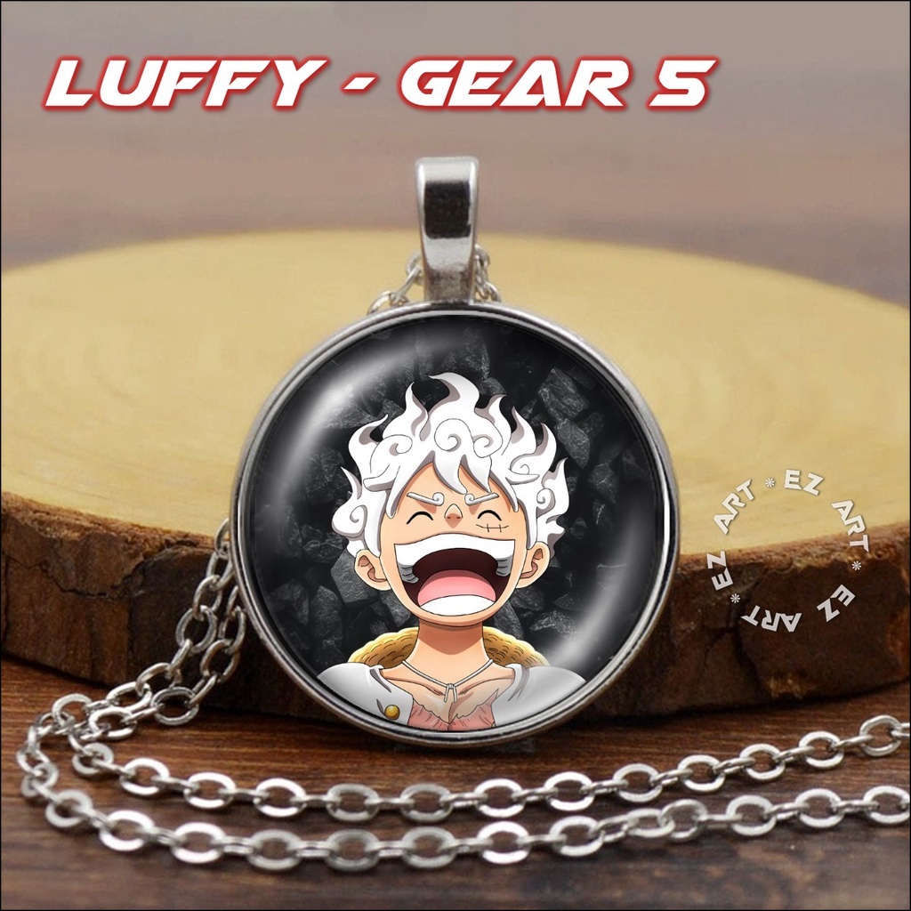 Kalung Liontin Anime One Piece Luffy Gear 5 Kaca Bulat Cembung Tali Kulit Hitam Rantai Stainless Ste