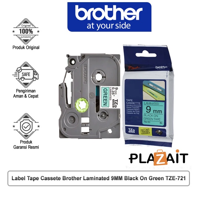 

Label Tape Cassete Brother Laminated 9MM Black On Green TZE-721