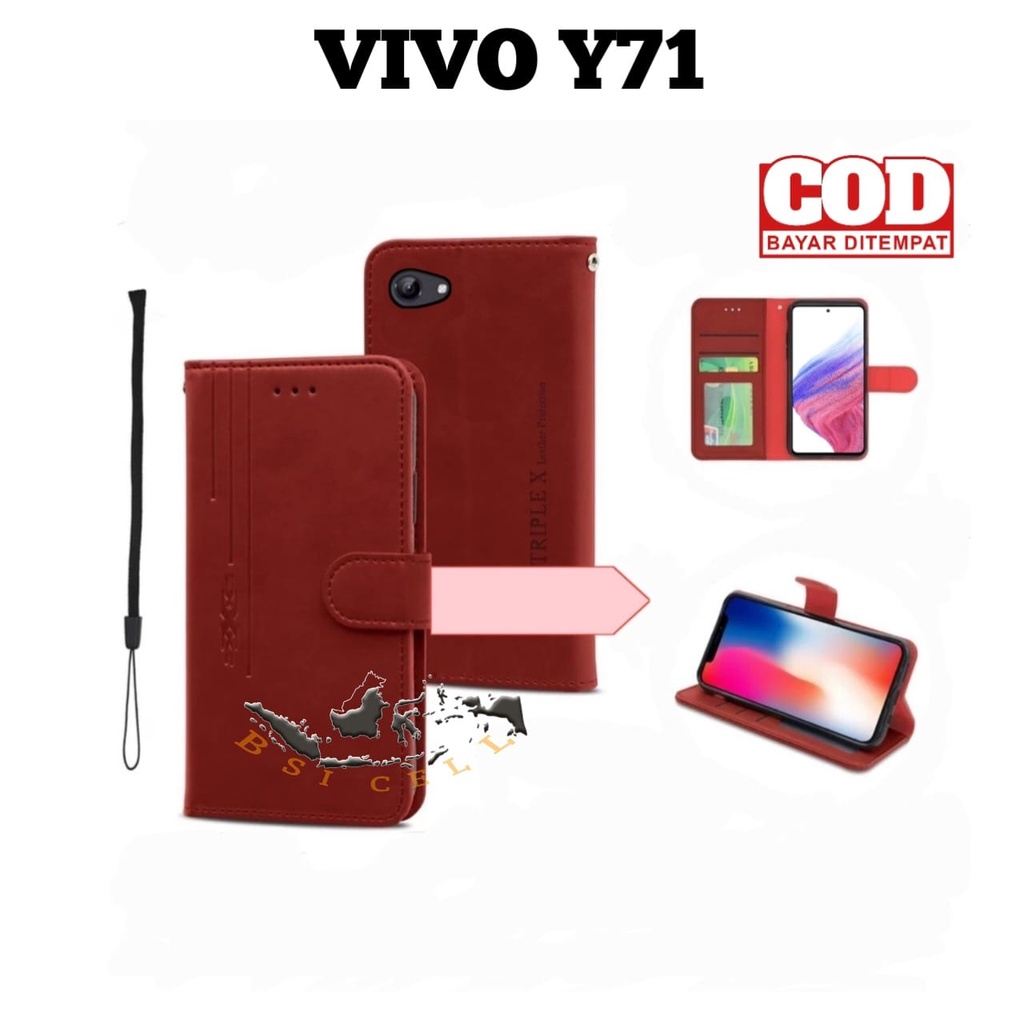 Case Vivo Y71 Vivo 1724 Flip cover Dompet Kulit Motif Garis TripleX Kancing/Wallet Sarung Headphone 