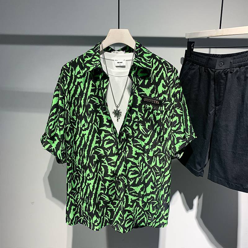 High end irregular men's short sleeved green floral shirt casual shirt for men