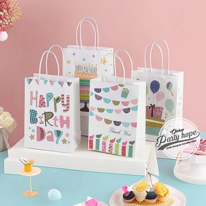 

paper bag hbd / kantong kertas motif hbd / tas souvenir ulang tahun / tas kado elegant