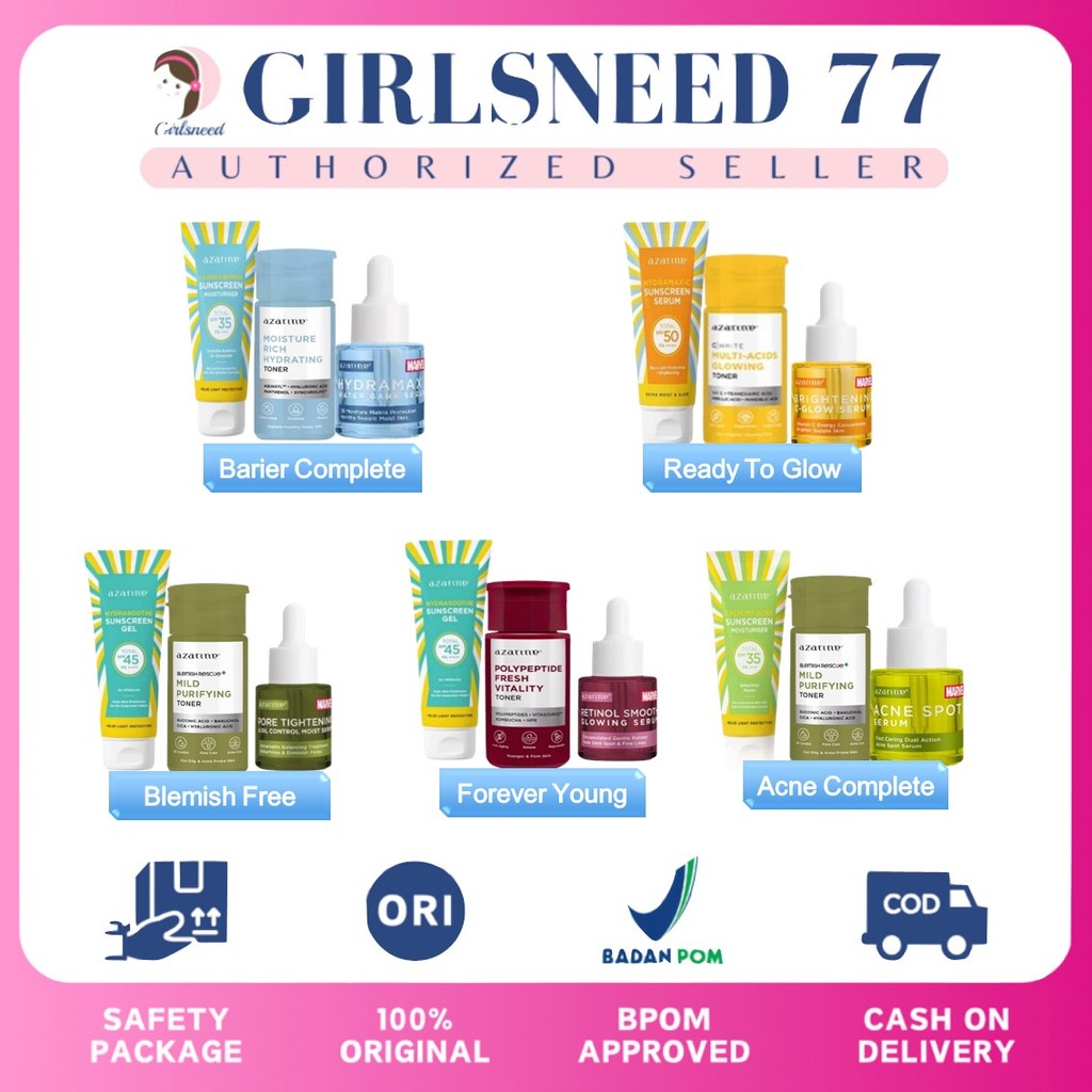 Girlsneed77 Azarine Basic Skincare Kit (Sunscreen + Toner + Serum) [3PCS] Paket TRIAL KIT KULIT KOMB