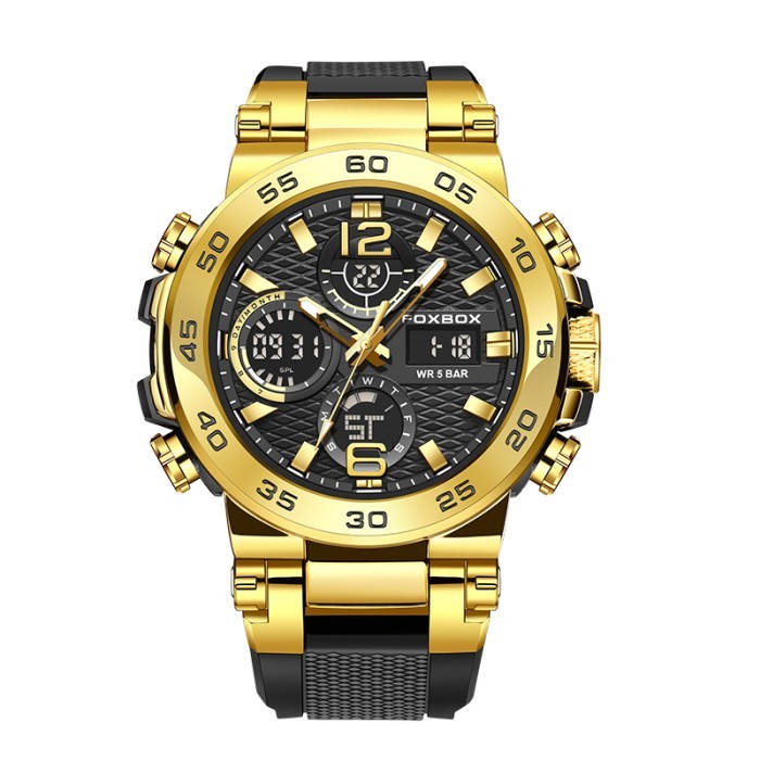 Foxbox fashion digital jam tangan pria multifungsi bercahaya jam alarm anti air jam tangan - Gold /U