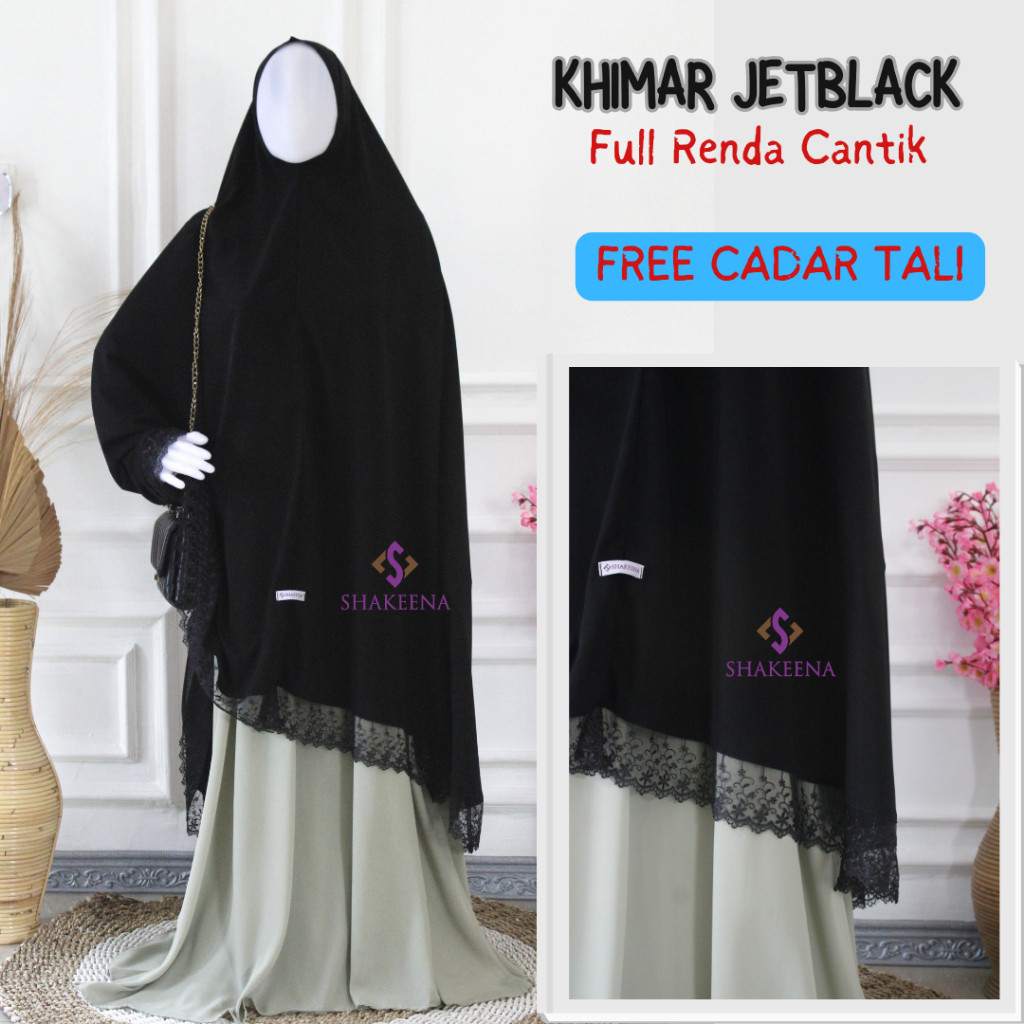 Jilbab Khimar jumbo syari jetblack renda / jilbab jumbo jet black full renda