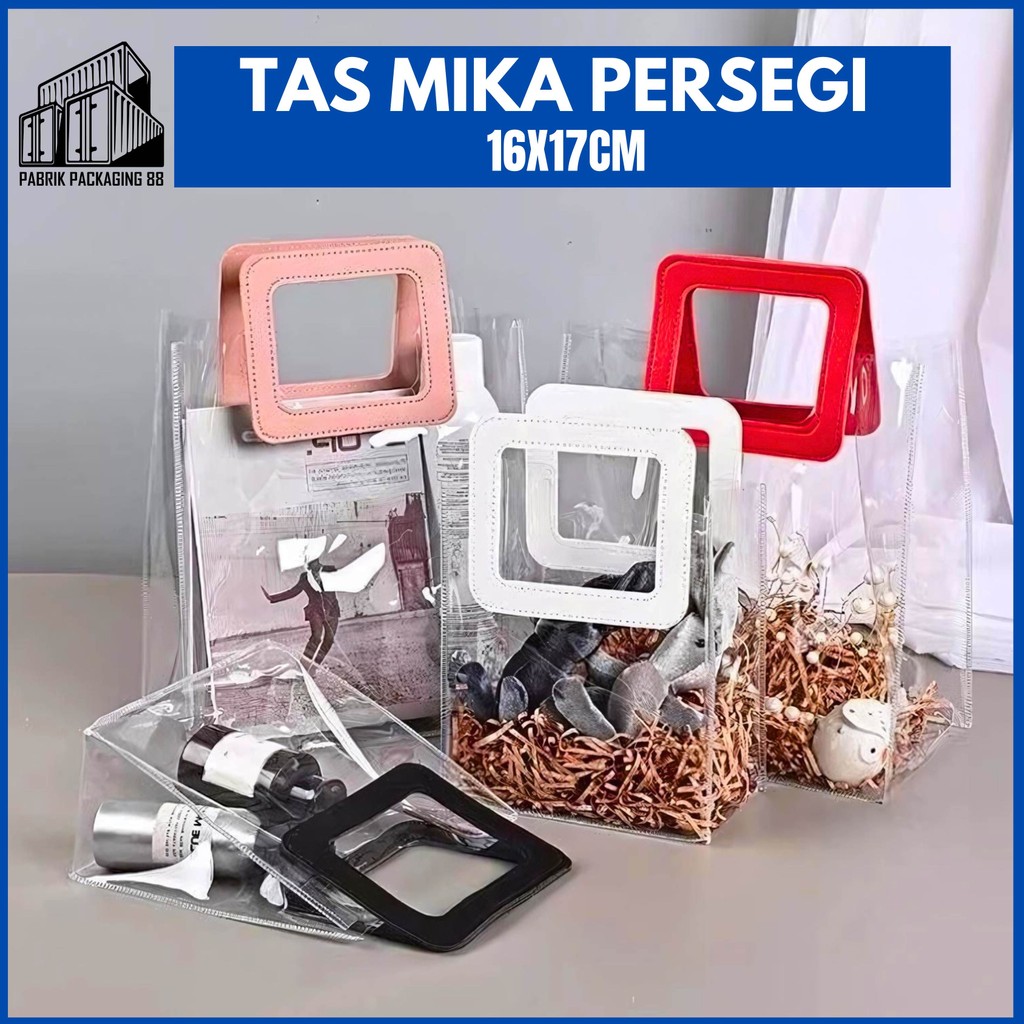 

Tas Mika PVC Transparan Handle Persegi Kulit 17x16cm 17 x 16 cm Leather Goodie Bag Kantong Souvenir Hampers Aksesoris Ulang Tahun Lebaran Aneka Warna Pegangan Premium