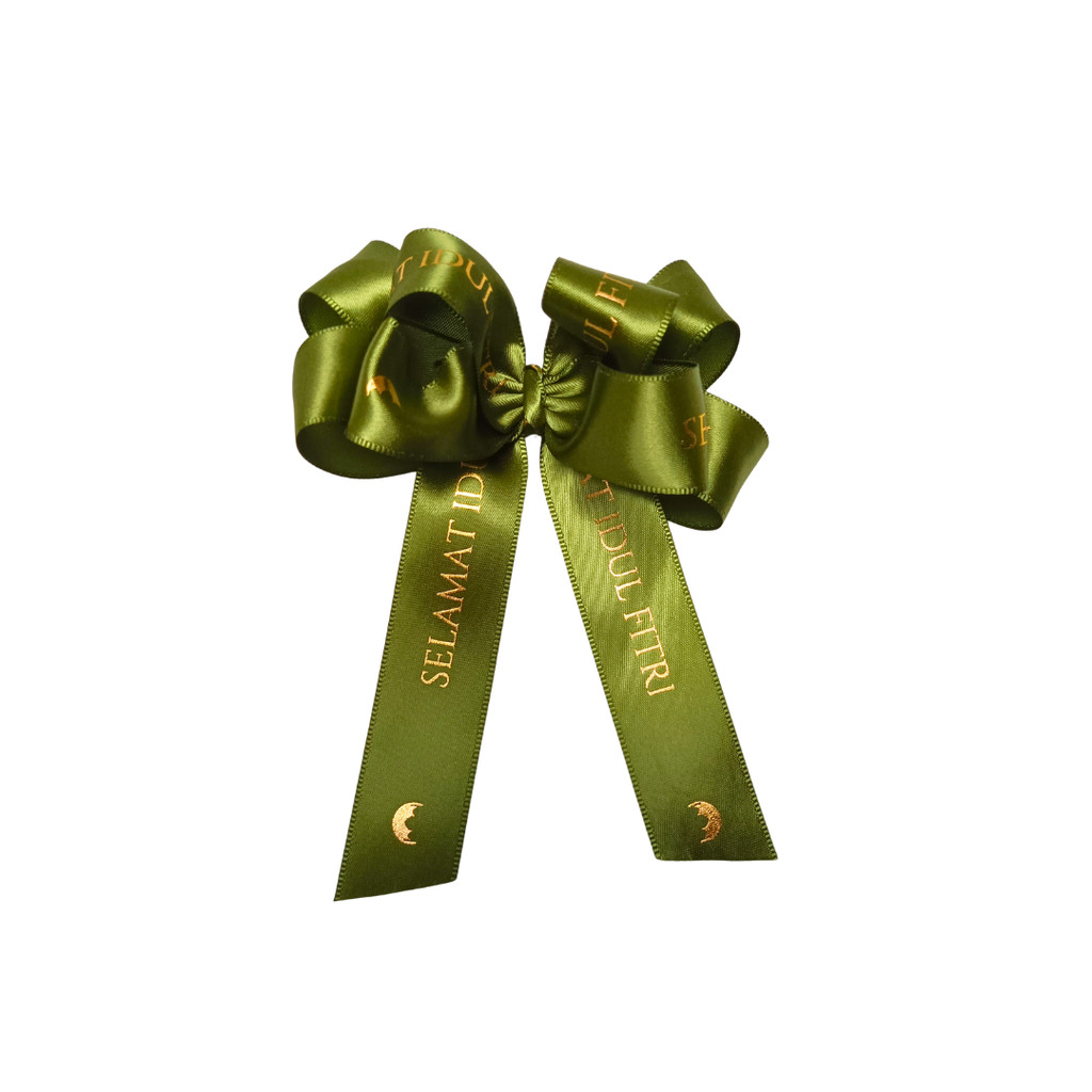 

Pita Jadi Motif Idul Fitri Mossgreen 2,5 cm / PO Bow Satin Eid Mubarak Mossgreen 2,5 cm