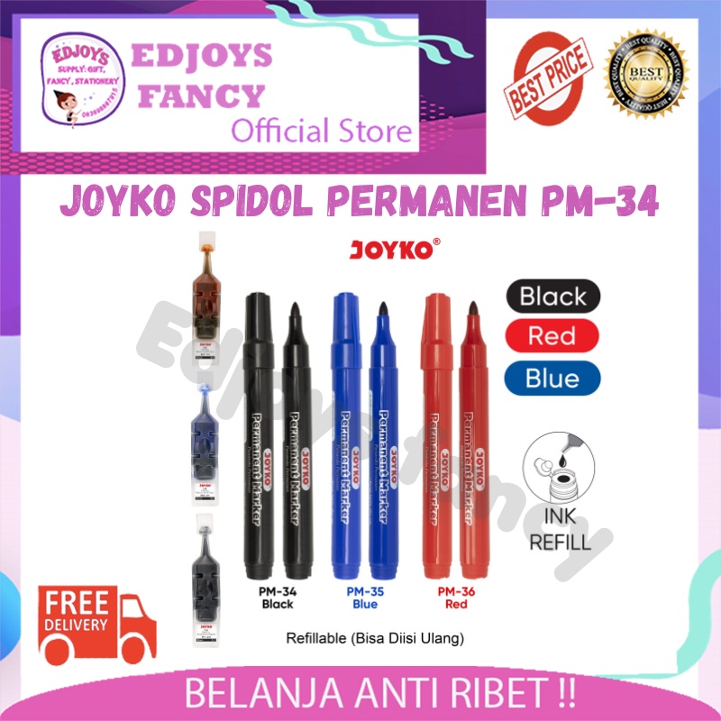 

Joyko Spidol Permanent Marker anti luntur Spidol tidak bisa dihapus Round Tip Joyko Refillable bisa di isi ulang PM 34 35 36