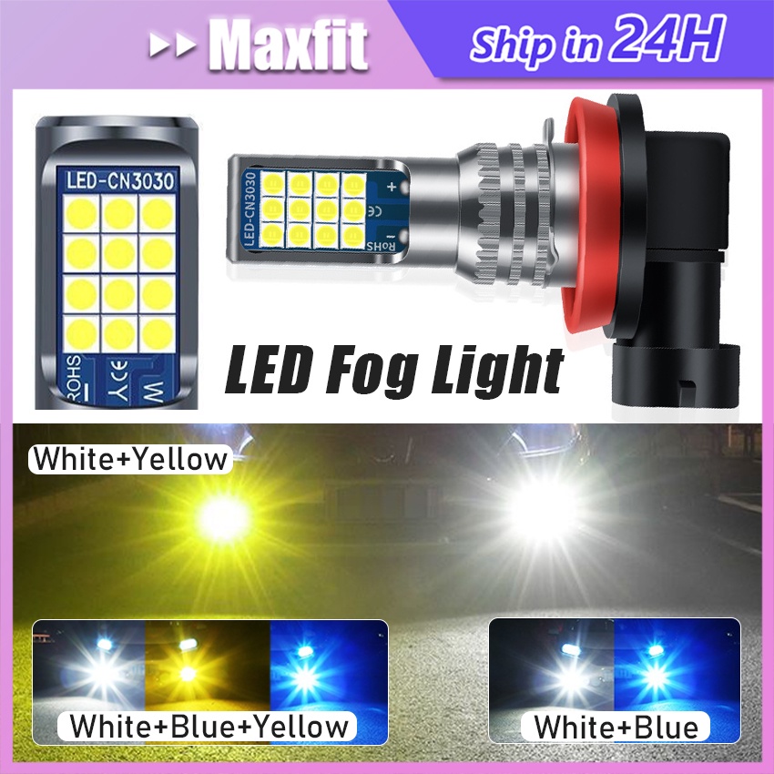Fog Lamp Mobil Led Lampu Kabut Super Terang H11 12-36V 3 Warna Putih + Kuning + Biru Lampu Halogen H