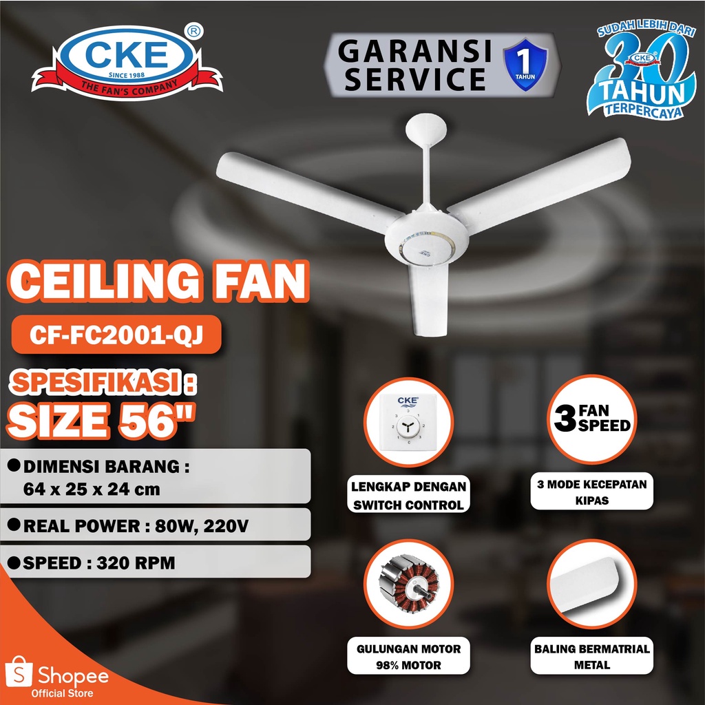 CKE Ceiling Fan 56 Inch Kipas Angin Gantung Plafon Rumah Sejuk Dingin Aman
