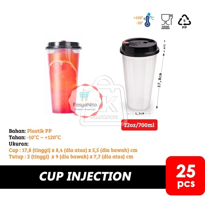 Gelas Plastik Cup Injection 22oz + Tutup + Stopper (1 Pack isi 25pcs) - Injection 22oz - FasyAnita M