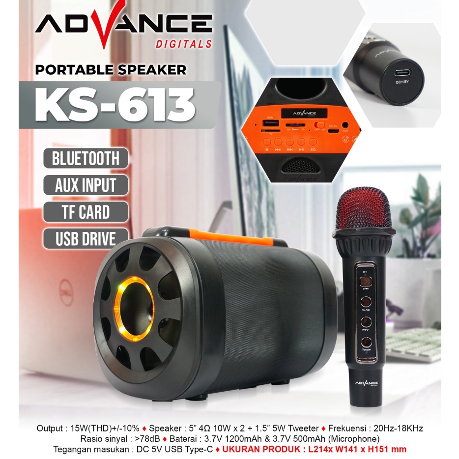 Advance KS613 Speaker Portable Bluethooth Speaker Karaoke Speaker Wireless FREE 1 Microphone Wireles