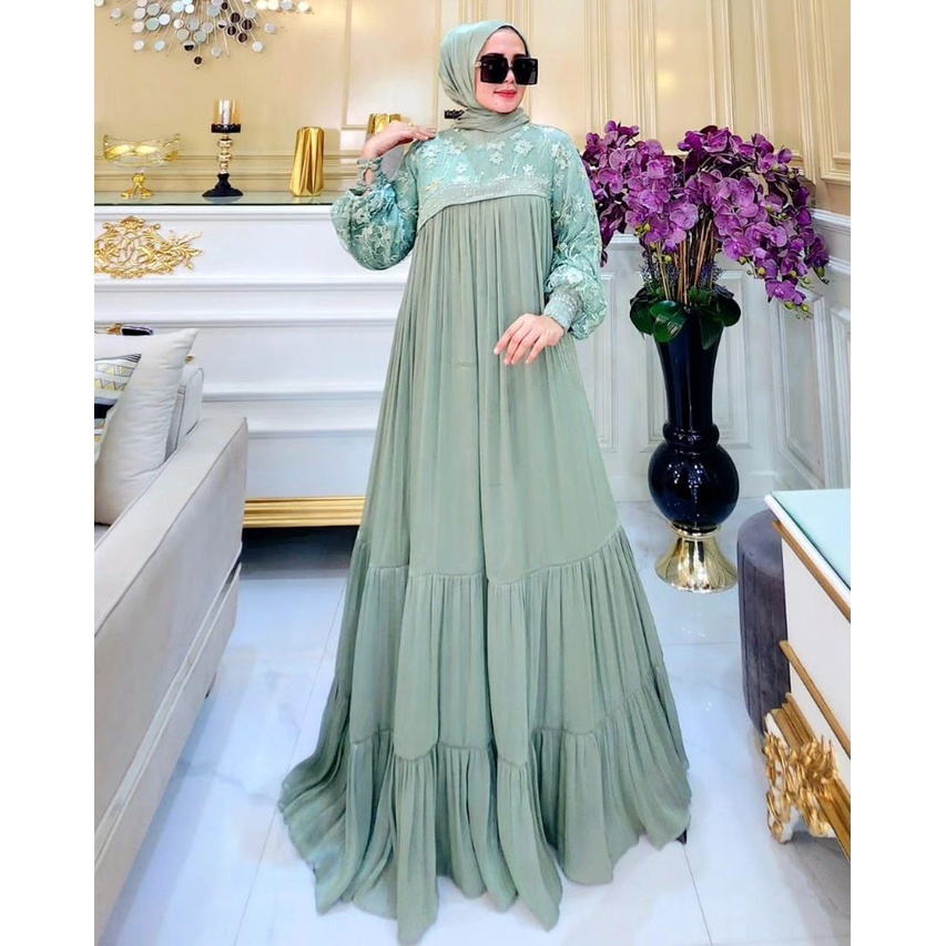 Vallina Outfit - Syaila Dress Gamis Brokat Mutiara Layering Maxy Wanita Muslim Modern Kekinian Terba