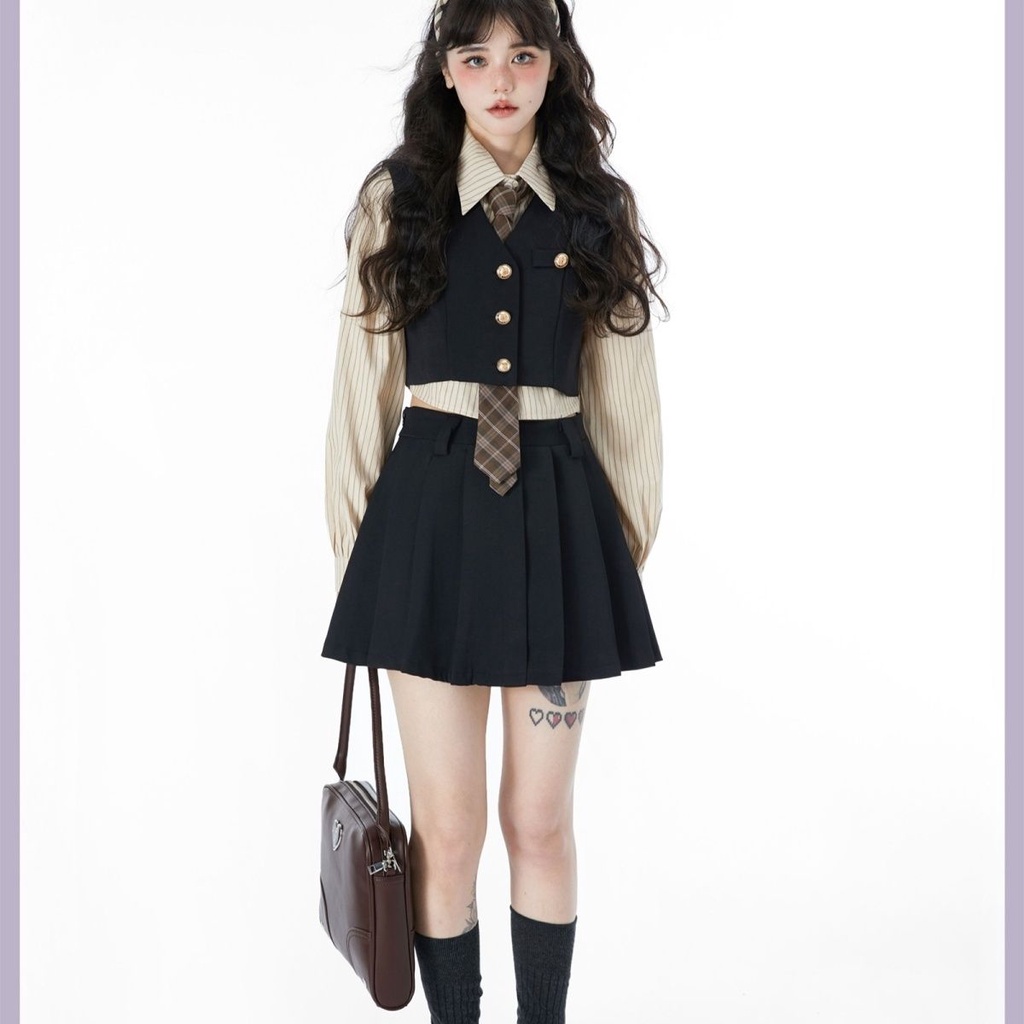 Fortylions Forty Lions American Khaki Shirt Vest Pleated Skirt Retro Academy Style Set Autumn