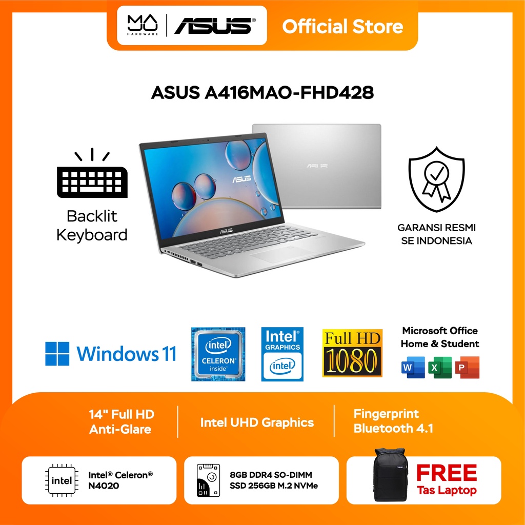 Laptop Asus VivoBook A416MAO-FHD428 - Transparent Silver 8/256 GB Garansi Resmi