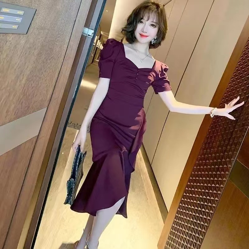 FANMU Gaun Slim Fit Ruffle Lengan Puff Retro Gaya Wanita Kelas Atas Baru 2023/dress pesta