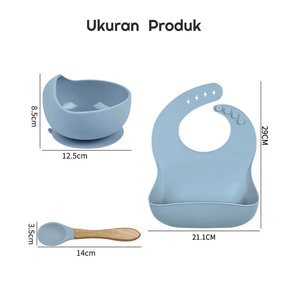 Peralatan Makan Bayi Set 3 in 1 Silikon Food Grade Tambahan Mangkok Sendok Mpasi Lengkap Perlengkapan Piring Bib Slabber Warna Anti Pecah - Slip Hindari Fouling Mangkuk Tempat Makanan Anak Baby Aman Suction Bowl Tahan Air BPA Free