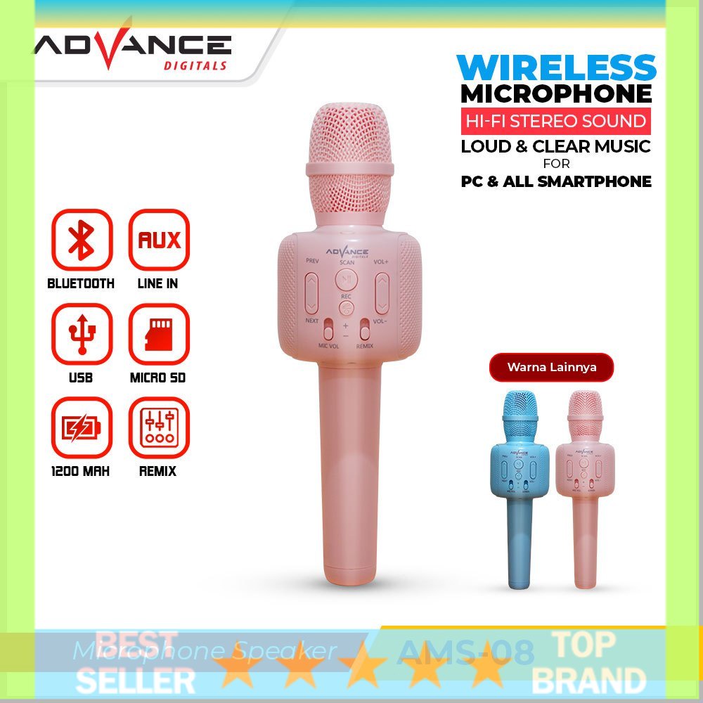 Advance Mic Wireless Bluetooth AMS 08 Microphone Karaoke Portable