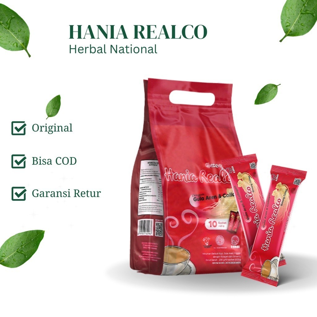 

Kopi Sehat Alami Hania Realco Ginseng Coffee With Collagen Gula Aren CPT