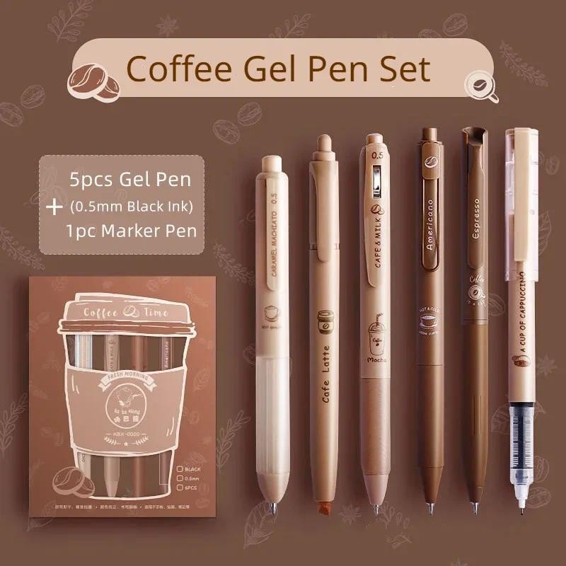 

5 + 1 Pcs Cute Cartoon Coffee Brown Bear Series Gel Pen Marker Pen Set 0.5mm Black Ink Quick-dry Pen Kawaii Student Stationery