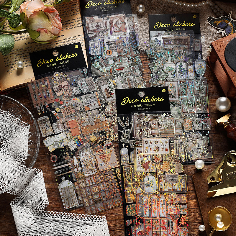 

MOHAMM 3 Sheets PET Waterproof Gold Foil Retro Scrapbook Stickers for Journaling Album Art Craft Gift Scene Collage