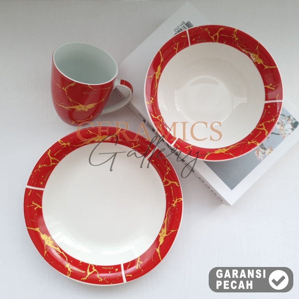 WINSTON 3pcs Dinner Set Piring 9,25in Mangkok 7in Mug 320ml MARMER MERAH Set 3pcs