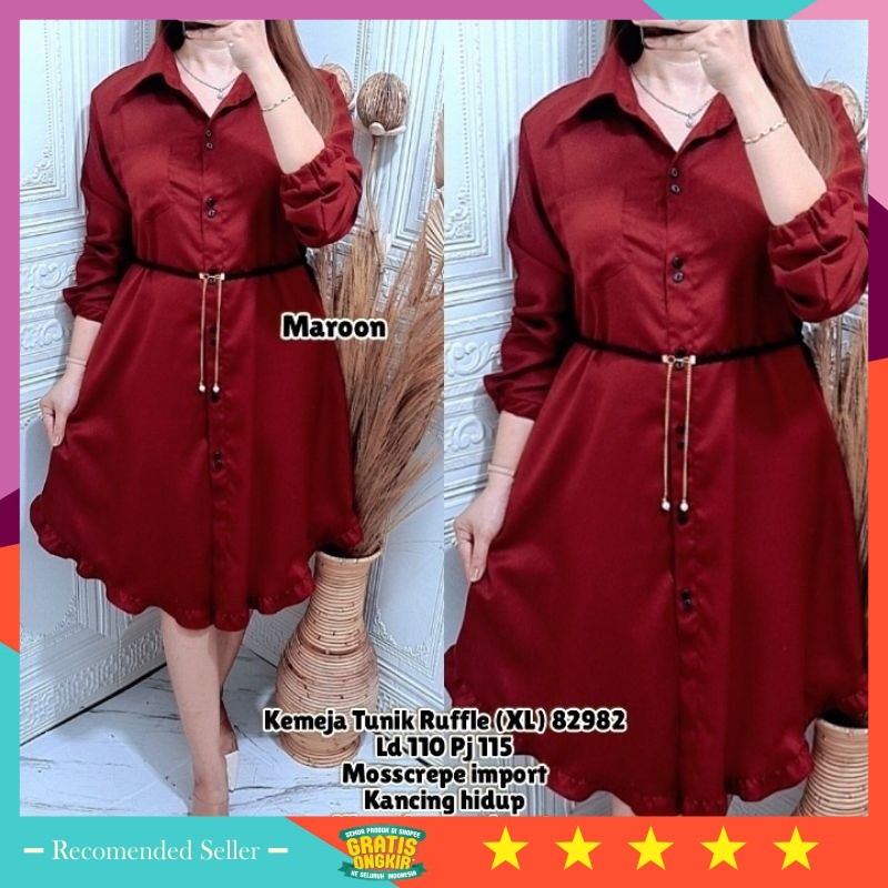 Baju lebaran murah tunik cantik kekinian / Fashion Wanita Muslim kekinian Tunik Ruffle  free belt Te