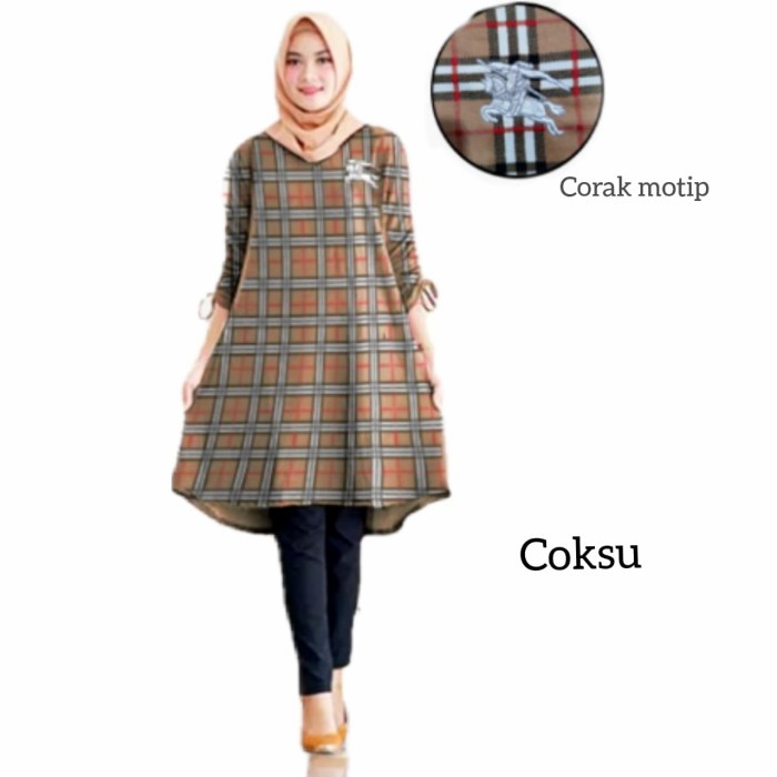 NEW -Baju Tunik Muslim Wanita Kotak Kotak Kuda - Hitam, XXXL