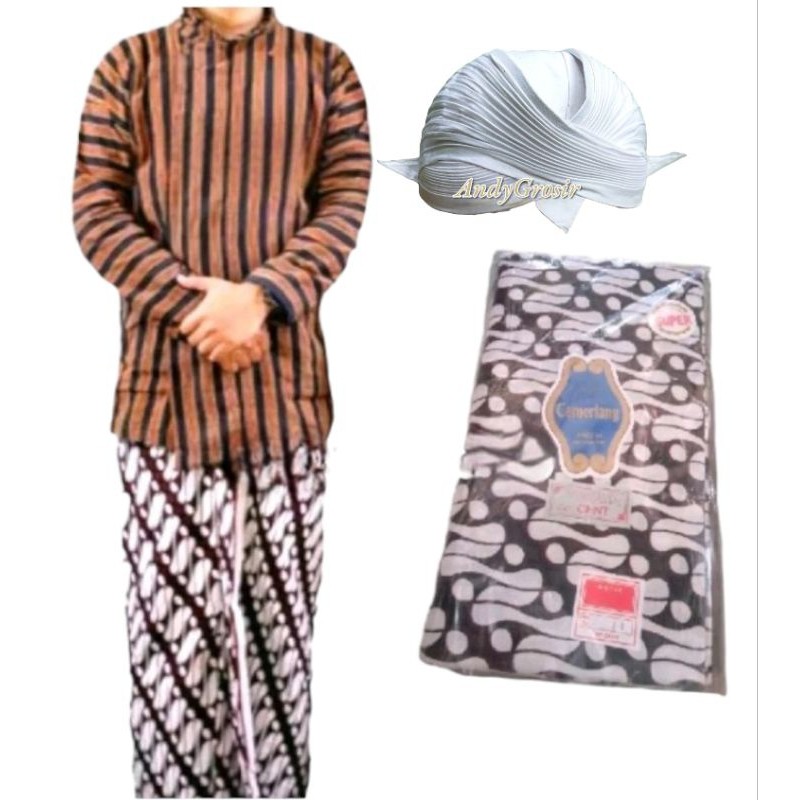 SETELAN BAJU SURJAN LURIK+KAIN JARIK+BLANGKON JOGJA PUTIH POLOS Lurik