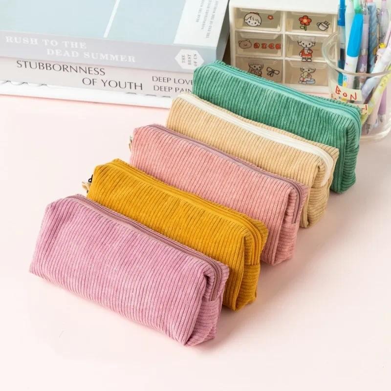 

1 Pc Simplicity Fashion Pencil Case for Boy Girl Retro Solid Color Pencil Pouch Large Capacity Corduroy Stationery Storage Bag
