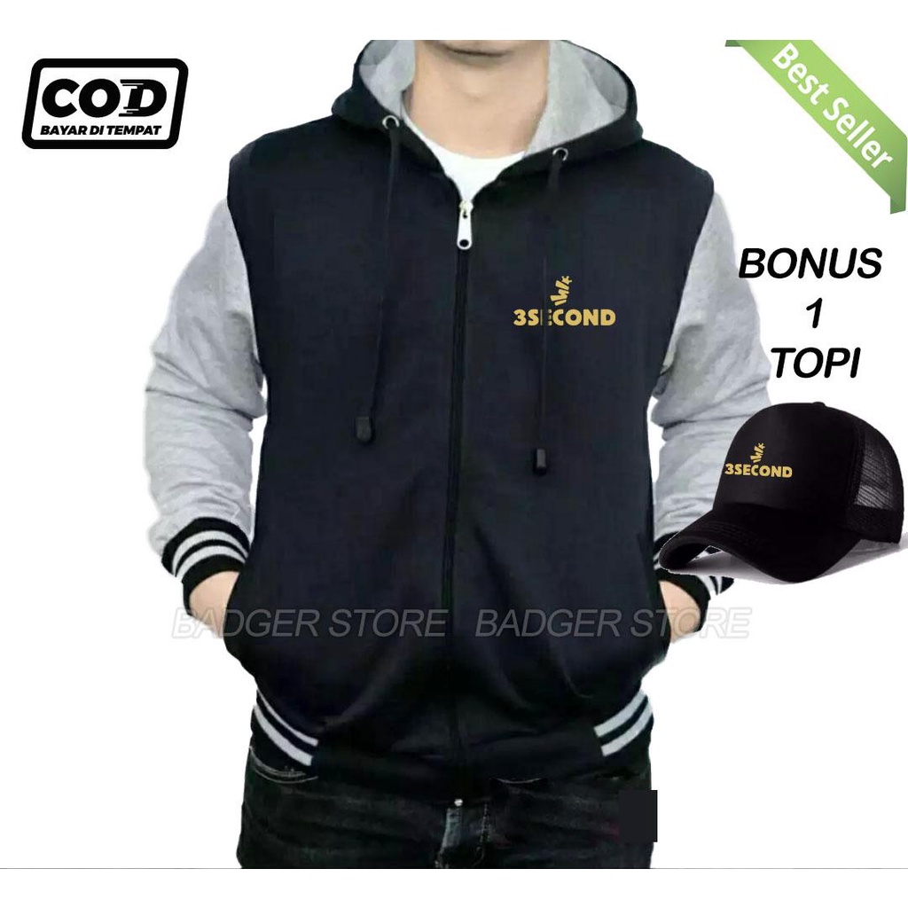Free Topi... Jaket Zipper Kupluk Distro 3scond Text Gold Premium Jaket Sweater Hodie Pria Wanita Dis
