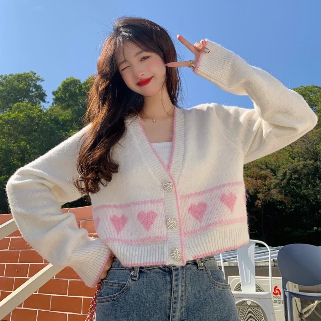 Cardigan Wanita Korean Style motif Love Sweater Baju Rajut Wol 018 Cantik Elegan Lengan Panjang Santai Wol Rajut V-Neck Hitam Pink Blue