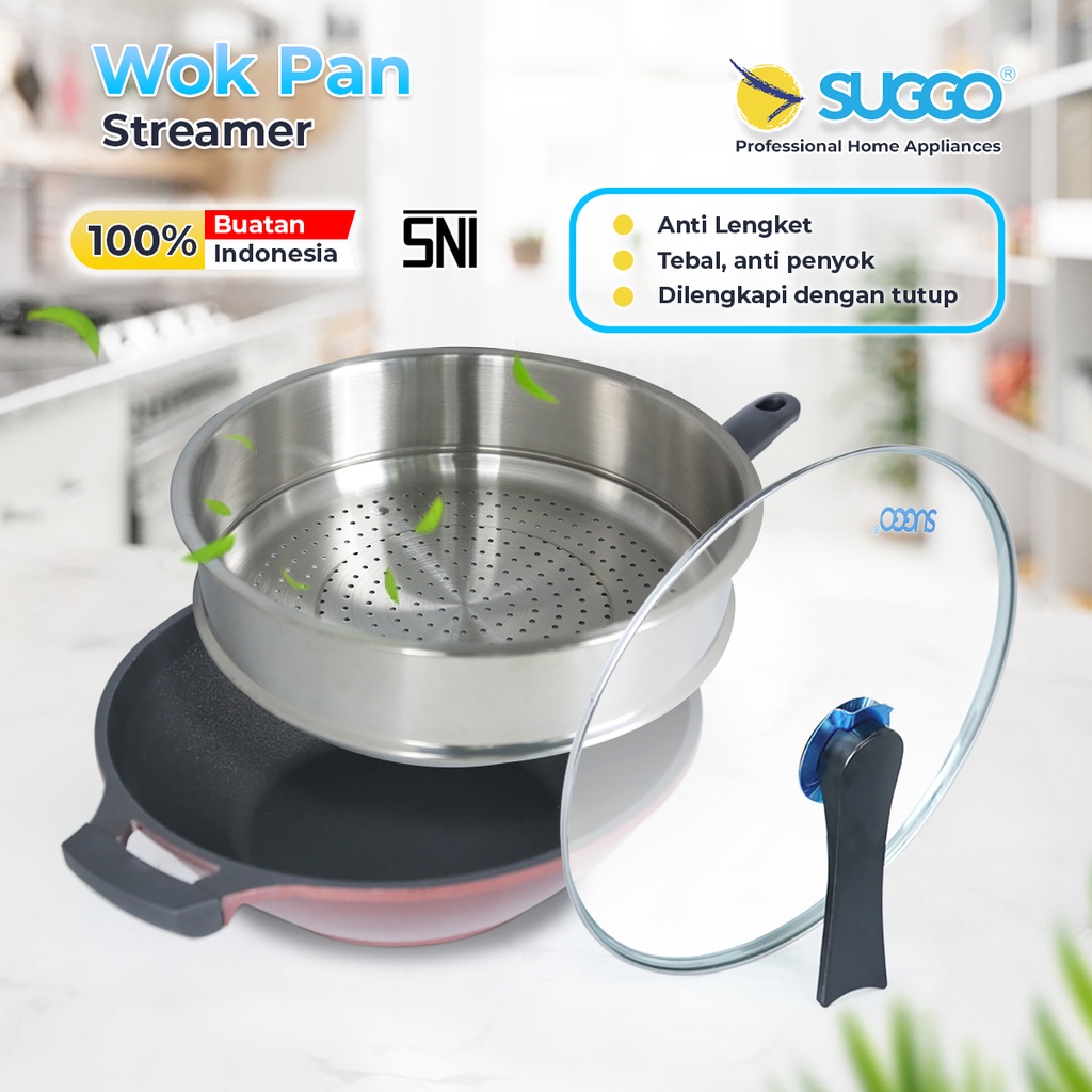 SUGGO Wok Pan Wajan 28cm dengan Steamer Pengukus dan Kaca Penutup Anti Lengket Tahan Gores
