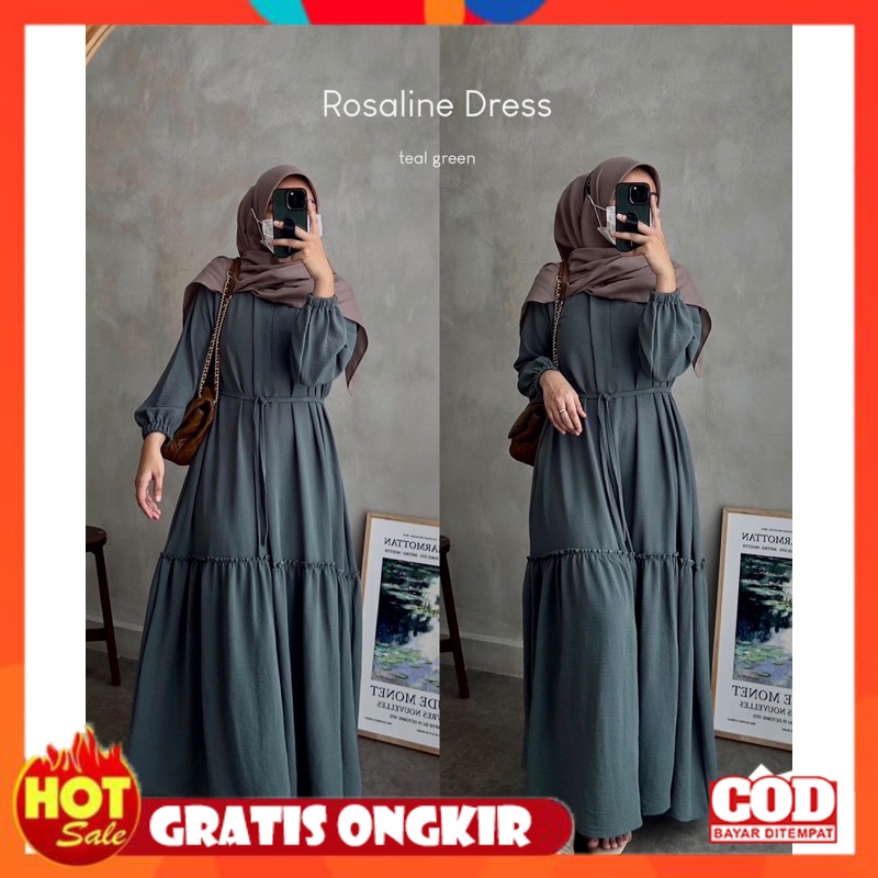 KAIN ADEM HALUS TEBAL / PGMT - Rosaline Dress Gamis Wanita Muslimah homedress Maxy Crinkle Airflow p