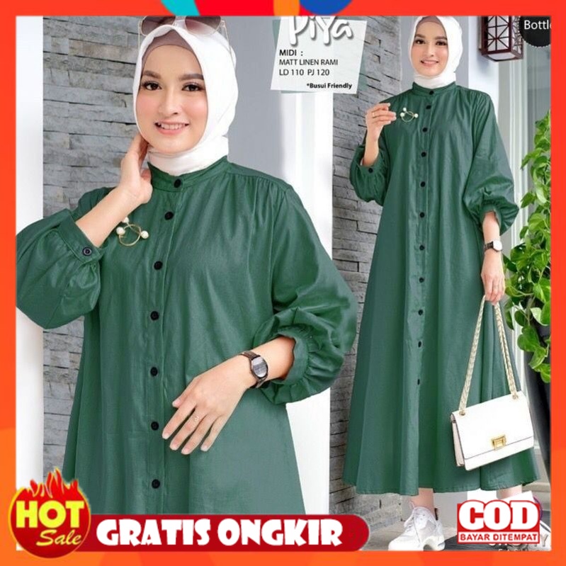 KAIN ADEM HALUS TEBAL / Piya Midi Dress Long Dres Tunik Wanita Muslim Bahan Linen Rami Premium Polos