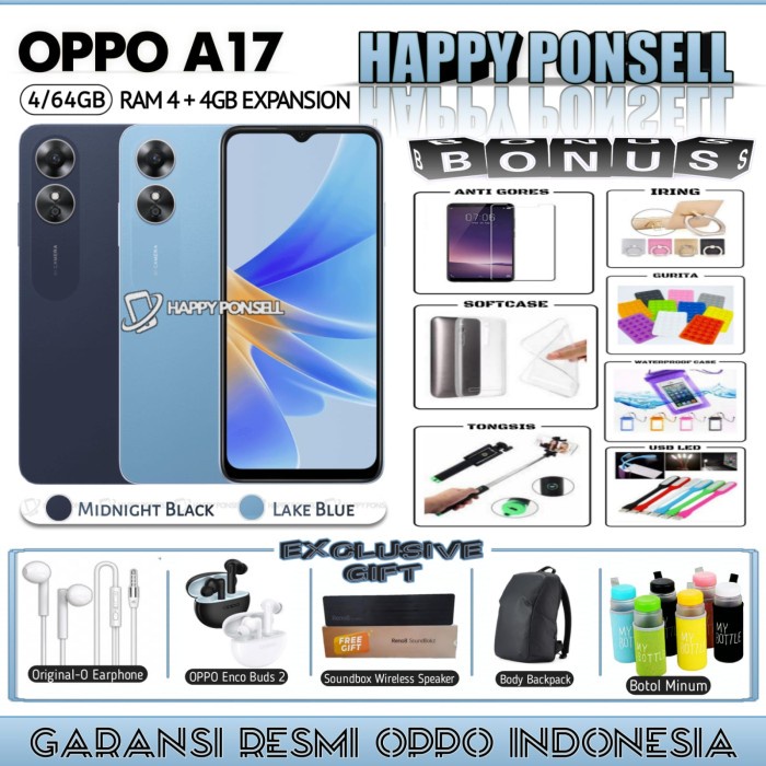 OPPO A17 4/64 GB RAM 4+4GB Ekspansion | A 17 3/32 GB GARANSI RESMI - A16e 3/32 Black, No bonus