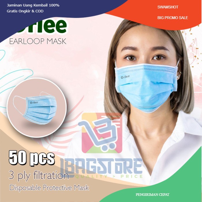 Masker 3 ply Hitam Full Black Orlee Medis 3ply Earloop Kemenkes 50 - Biru Muda