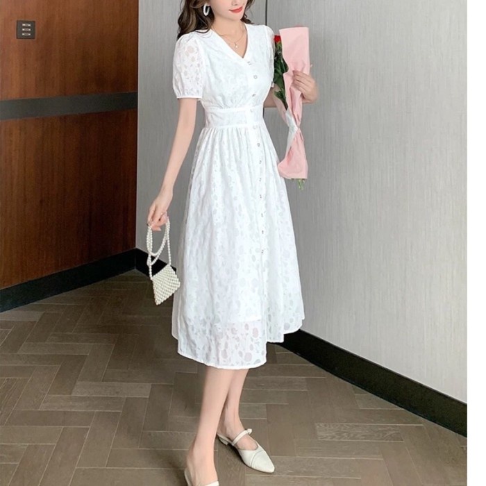 Midi Dress White Elegant Soft Korean Style Vintage Classic Import TNF - XL