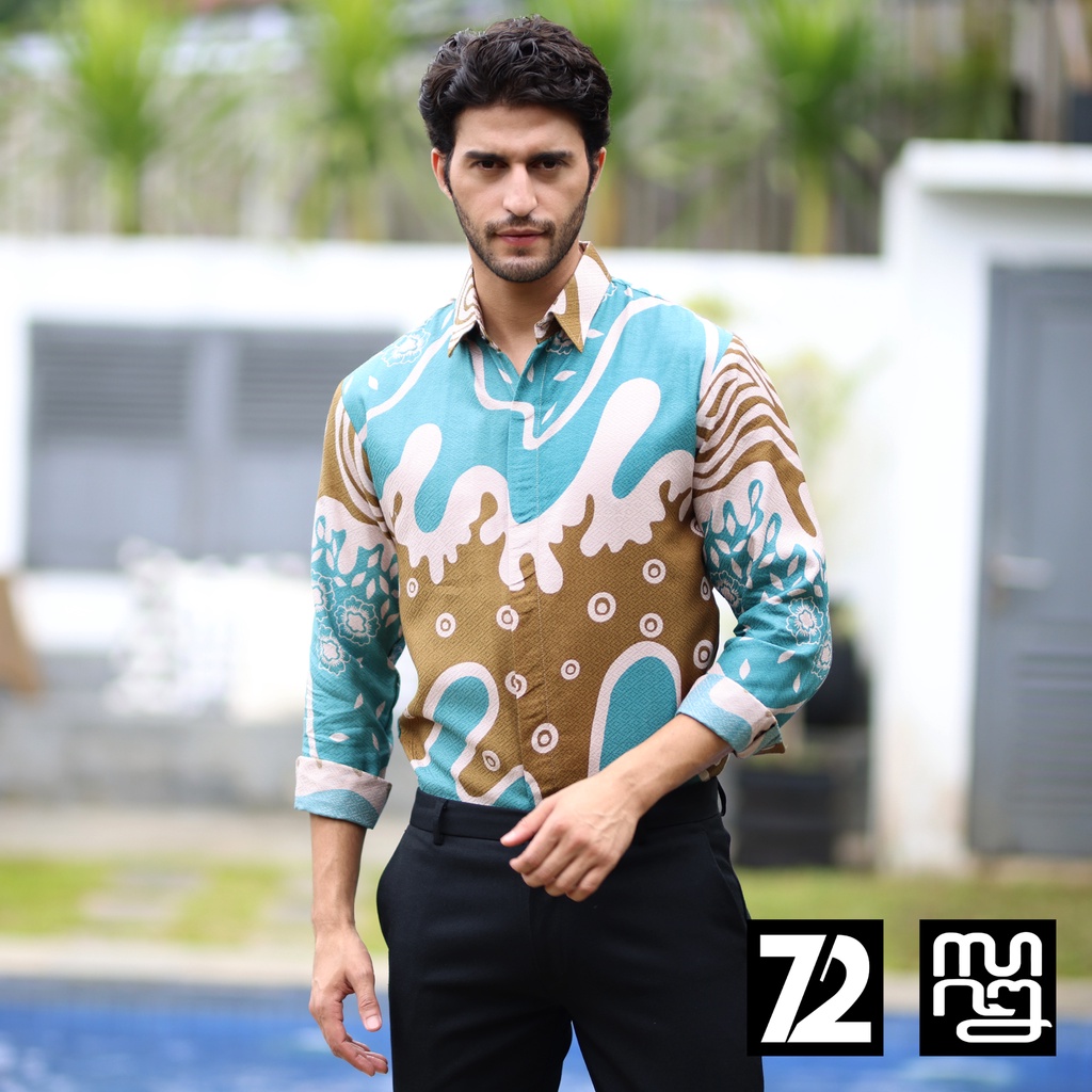 KEMEJA BATIK PRIA LENGAN PANJANG Kemeja Dobby Slimfit Motif Kembang Slime Warna Biru Tosca Hijau 724