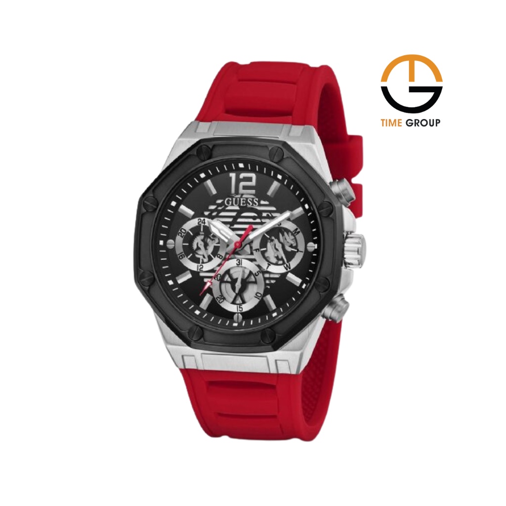 JAM TANGAN PRIA GUES BLACK DIAL RED SILIKON STRAP