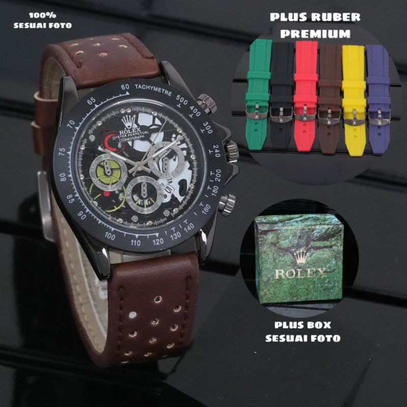 Promo Paket 1Tali Rubber+Box  Jam Tangan Pria Rolex Analog Premium Tanggal Aktif Tali kulit