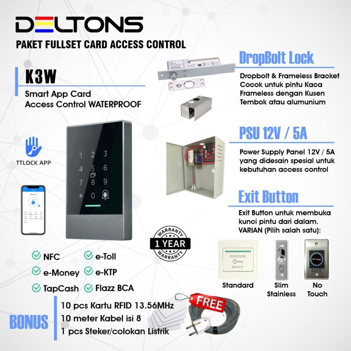 

Deltons K3W Paket Smart APP Door Access Control Card 13.56MHz Dropbolt TTLock - Dropbolt Lock, No Touch