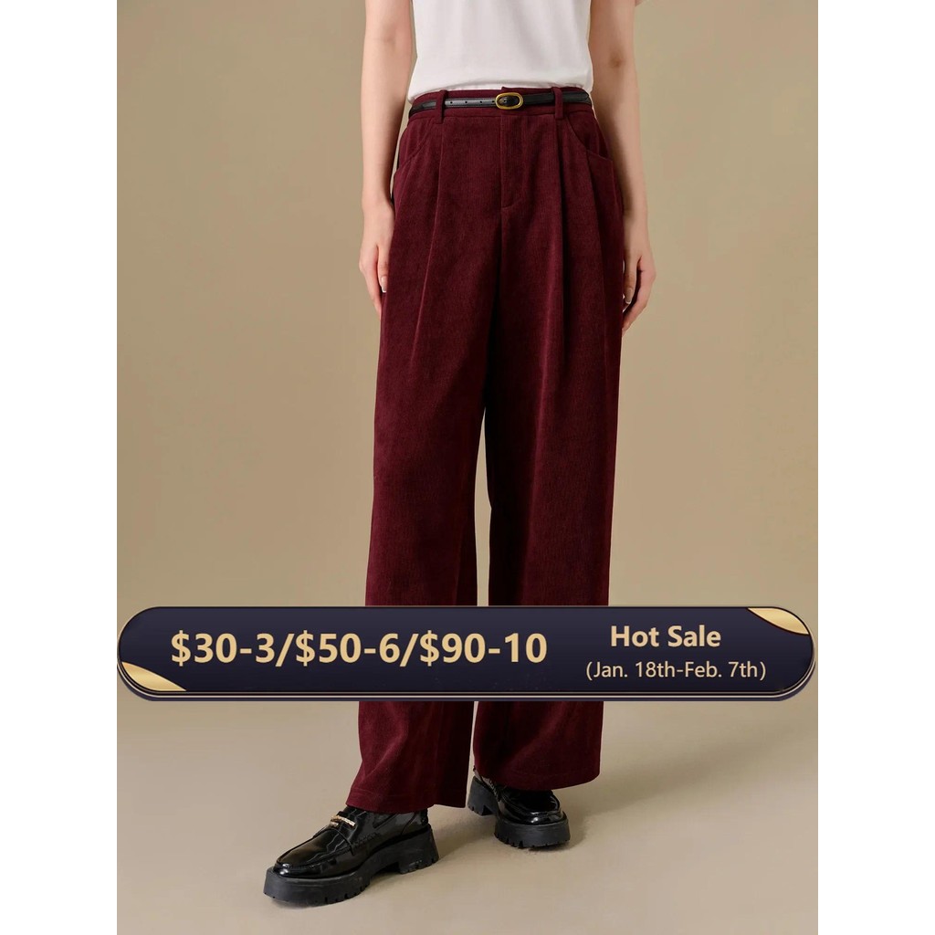 DUSHU【2 Colors】Women Corduroy Trouser Winter Black All-Match Straight Thick Long Pants Female High W