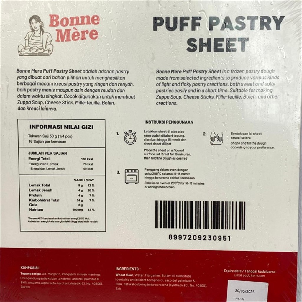 

JKL Bonne Mere Puff Pastry Sheet Kulit Lembaran Adonan Pastri Halal 800 gr